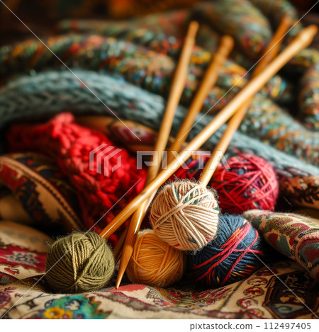 AI-generated content. A closeup shot of woolen balls of yarn and wooden knitting needles arranged on a blanket, showcasing the creative art of textile crafting with a cozy and intricate pattern design 112497405