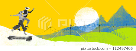 Banner. Contemporary art collage. Young people, man and woman, in virtual glasses running to mountains, nature. Abstract design. 112497406