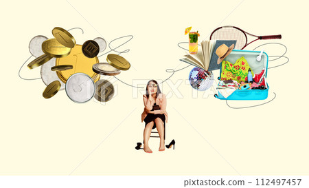 Stressful businesswoman sitting between choice and leisure items. Making choice between work and leisure time. Conceptual contemporary art collage. Stressful businesswoman sitting between choice and leisure items. Making choice between work and leisure time. Conceptual contemporary art collage. 112497457