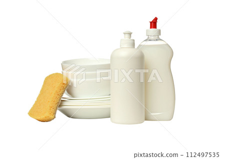 PNG,Detergent with sponge and dishes, isolated on white background PNG,Detergent with sponge and dishes, isolated on white background 112497535