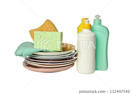 PNG,Detergent with sponge and dishes, isolated on white background PNG,Detergent with sponge and dishes, isolated on white background 112497540