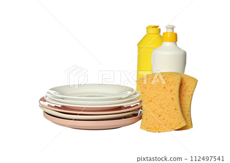 PNG,Detergent with sponge and dishes, isolated on white background PNG,Detergent with sponge and dishes, isolated on white background 112497541