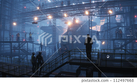 Production of military futuristic ship at the factory. People and robots Future concept. 3d rendering. Production of military futuristic ship at the factory. People and robots Future concept. 3d rendering. 112497668