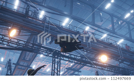 Production of military futuristic ship at the factory. People and robots Future concept. 3d rendering. Production of military futuristic ship at the factory. People and robots Future concept. 3d rendering. 112497669