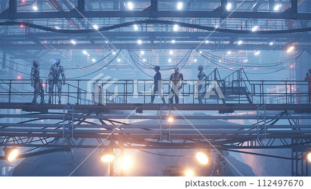 Production of military futuristic ship at the factory. People and robots Future concept. 3d rendering. Production of military futuristic ship at the factory. People and robots Future concept. 3d rendering. 112497670