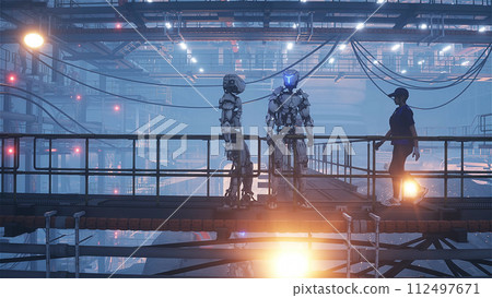 Production of military futuristic ship at the factory. People and robots Future concept. 3d rendering. Production of military futuristic ship at the factory. People and robots Future concept. 3d rendering. 112497671