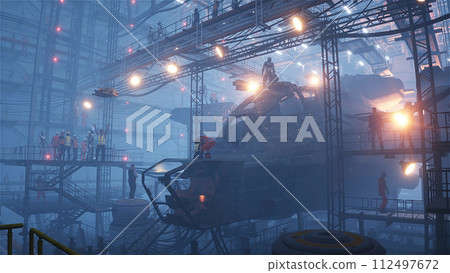 Production of military futuristic ship at the factory. People and robots Future concept. 3d rendering. Production of military futuristic ship at the factory. People and robots Future concept. 3d rendering. 112497672