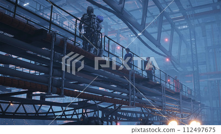 Production of military futuristic ship at the factory. People and robots Future concept. 3d rendering. Production of military futuristic ship at the factory. People and robots Future concept. 3d rendering. 112497675