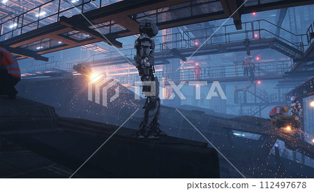 Production of military futuristic ship at the factory. People and robots Future concept. 3d rendering. Production of military futuristic ship at the factory. People and robots Future concept. 3d rendering. 112497678