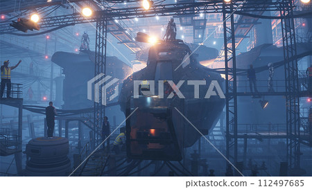 Production of military futuristic ship at the factory. People and robots Future concept. 3d rendering. Production of military futuristic ship at the factory. People and robots Future concept. 3d rendering. 112497685