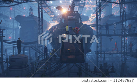 Production of military futuristic ship at the factory. People and robots Future concept. 3d rendering. Production of military futuristic ship at the factory. People and robots Future concept. 3d rendering. 112497687
