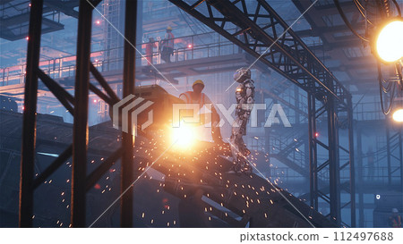Production of military futuristic ship at the factory. People and robots Future concept. 3d rendering. Production of military futuristic ship at the factory. People and robots Future concept. 3d rendering. 112497688