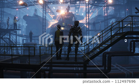 Production of military futuristic ship at the factory. People and robots Future concept. 3d rendering. Production of military futuristic ship at the factory. People and robots Future concept. 3d rendering. 112497696