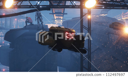 Production of military futuristic ship at the factory. People and robots Future concept. 3d rendering. Production of military futuristic ship at the factory. People and robots Future concept. 3d rendering. 112497697