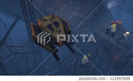 Production of military futuristic ship at the factory. People and robots Future concept. 3d rendering. Production of military futuristic ship at the factory. People and robots Future concept. 3d rendering. 112497699