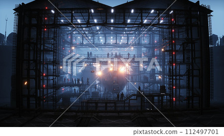 Production of military futuristic ship at the factory. People and robots Future concept. 3d rendering. Production of military futuristic ship at the factory. People and robots Future concept. 3d rendering. 112497701