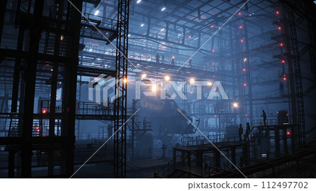 Production of military futuristic ship at the factory. People and robots Future concept. 3d rendering. Production of military futuristic ship at the factory. People and robots Future concept. 3d rendering. 112497702