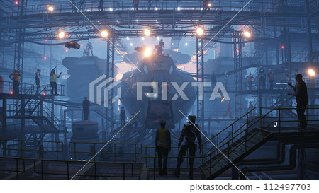 Production of military futuristic ship at the factory. People and robots Future concept. 3d rendering. Production of military futuristic ship at the factory. People and robots Future concept. 3d rendering. 112497703