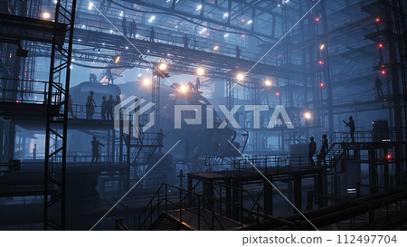 Production of military futuristic ship at the factory. People and robots Future concept. 3d rendering. Production of military futuristic ship at the factory. People and robots Future concept. 3d rendering. 112497704