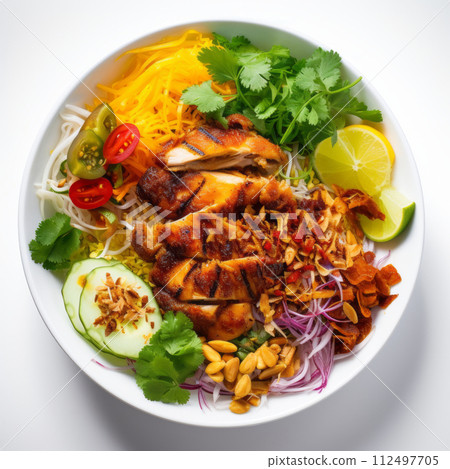 Salad with chicken, carrot, lime isolated on white with clipping path. Salad with chicken, carrot, lime isolated on white with clipping path. 112497705