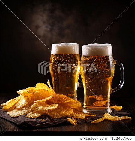 Mug of beer with a bowl of potato chips on a wooden table Mug of beer with a bowl of potato chips on a wooden table 112497706