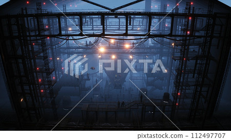 Production of military futuristic ship at the factory. People and robots Future concept. 3d rendering. Production of military futuristic ship at the factory. People and robots Future concept. 3d rendering. 112497707