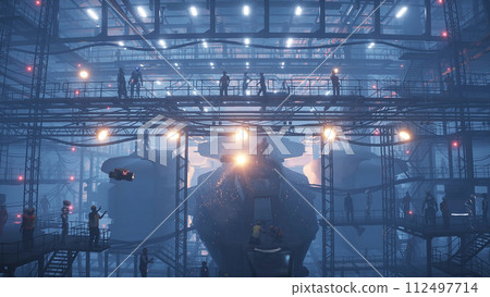 Production of military futuristic ship at the factory. People and robots Future concept. 3d rendering. Production of military futuristic ship at the factory. People and robots Future concept. 3d rendering. 112497714