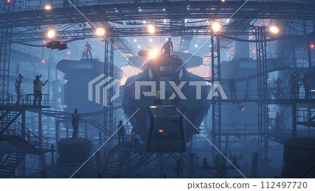 Production of military futuristic ship at the factory. People and robots Future concept. 3d rendering. Production of military futuristic ship at the factory. People and robots Future concept. 3d rendering. 112497720