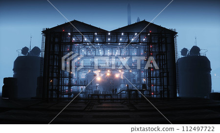Production of military futuristic ship at the factory. People and robots Future concept. 3d rendering. Production of military futuristic ship at the factory. People and robots Future concept. 3d rendering. 112497722