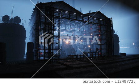 Production of military futuristic ship at the factory. People and robots Future concept. 3d rendering. 112497723