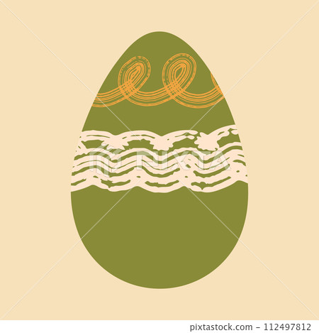 Easter egg vector illustration. Cute green egg decorated with hand drawn brush strokes on pastel beige background. Flat cartoon poster. Egg hunt modern textured design for cards, print, social media Easter egg vector illustration. Cute green egg decorated with hand drawn brush strokes on pastel beige background. Flat cartoon poster. Egg hunt modern textured design for cards, print, social media 112497812
