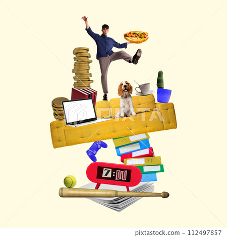 Balanced items on couch, man with hotdog, dog beside laptop, pile of coins, alarm clock. Multitasking. Conceptual contemporary art collage. Balanced items on couch, man with hotdog, dog beside laptop, pile of coins, alarm clock. Multitasking. Conceptual contemporary art collage. 112497857
