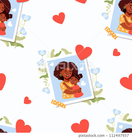 Seamless pattern with photograph from happy ethnic black woman mother with daughter with flowers on white background with hearts. Vector illustration in flat cartoon style. Mothers holiday confession 112497937