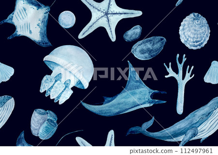 Watercolor hand-drawn monochromatic seamless pattern on dark blue. Blue whale, a manta ray, shells, a starfish ,a polyp and a coral Watercolor hand-drawn monochromatic seamless pattern on dark blue. Blue whale, a manta ray, shells, a starfish ,a polyp and a coral 112497961