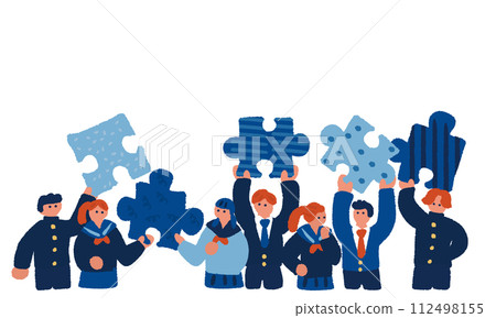 Simple and flat illustration of students with puzzles Simple and flat illustration of students with puzzles 112498155