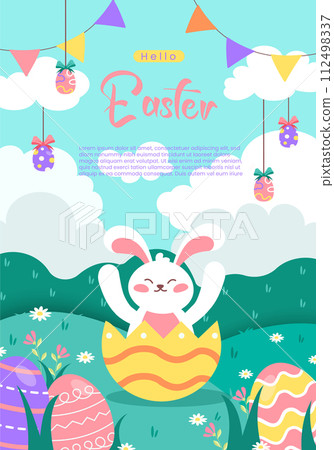 Bunny with easter egg for Easter Day. happy celebration easter day media social stories flat design. Colored flat vector illustrations. Bunny with easter egg for Easter Day. happy celebration easter day media social stories flat design. Colored flat vector illustrations. 112498337