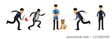 Man Police Officer Character in Uniform as Guard and Security Vector Set 112498340