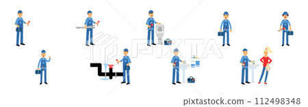 Man Plumber Character Engaged in Repair Professional Fixing Vector Set Man Plumber Character Engaged in Repair Professional Fixing Vector Set 112498348