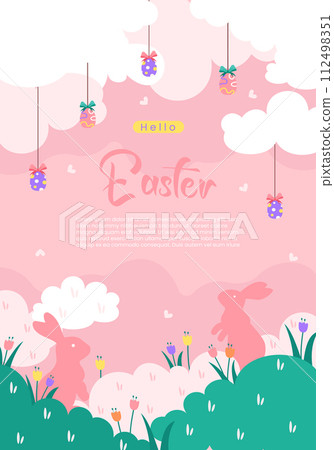 Happy Easter banner. Greeting card, poster or banner with bunny, flowers and Easter egg. Egg hunt poster. Spring background 112498351