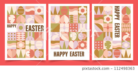 Happy Easter Patterns set. Modern geometric abstract style. Perfect for a poster, cover, or postcard, flat vector illustrations Happy Easter Patterns set. Modern geometric abstract style. Perfect for a poster, cover, or postcard, flat vector illustrations 112498363