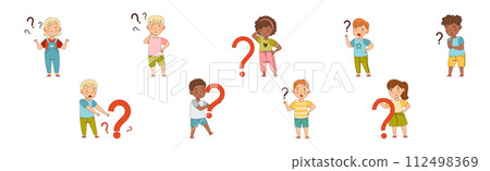 Curious Kid Character with Question Mark Vector Set 112498369