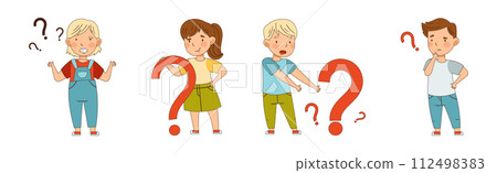 Curious Kid Character with Question Mark Vector Set Curious Kid Character with Question Mark Vector Set 112498383
