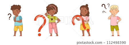 Curious Kid Character with Question Mark Vector Set 112498390