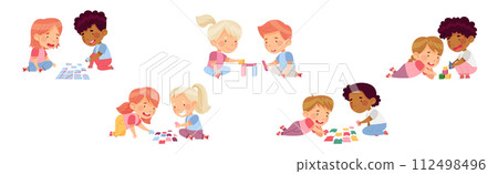 Little Boy and Girl Playing with Construction and Jigsaw Puzzle Toy Vector Set 112498496