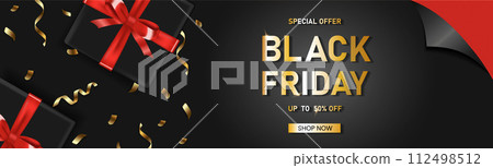 Black friday vertical sale banner with realistic gift box and ribbon text on black background. Vector illustration 112498512
