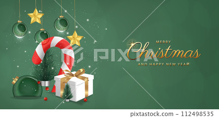 Happy New Year background. transparent candy christmas with balls and box of gifts strewn with snow on green background, realistic 3d decorative garland glow. Xmas Decorations. Vector illustration. Happy New Year background. transparent candy christmas with balls and box of gifts strewn with snow on green background, realistic 3d decorative garland glow. Xmas Decorations. Vector illustration. 112498535