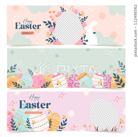 Happy Easter Set of Sale banners, greeting cards, posters, holiday covers. Trendy design with typography, hand painted plants, dots, eggs and bunny, in pastel colors. flat vector illustrations Happy Easter Set of Sale banners, greeting cards, posters, holiday covers. Trendy design with typography, hand painted plants, dots, eggs and bunny, in pastel colors. flat vector illustrations 112498562
