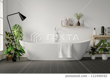 Minimal style white bathroom 3d render, white wall and ceramic floor, The room has large windows. 3d render 112498582