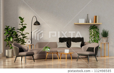 Living room with sofa and plant Minimal style 3d render, white wall and wood floor, The room has large windows. 3d render 112498585