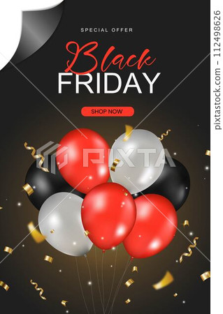 Black friday sale promotion banner with shiny balloons, Shopping sale and discount festive. Vector illustration 112498626